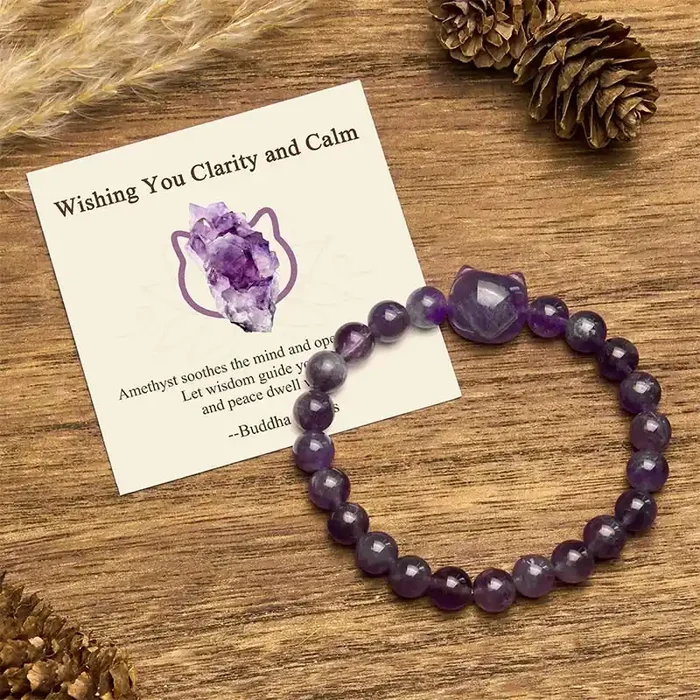 Buddha Stones “Wishing You Clarity and Calm” Cute Cat Amethyst Bracelet Includes Gift Message Card
