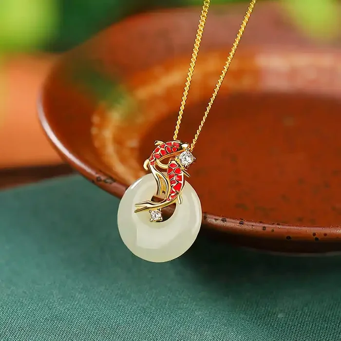 Buddha Stones 925 Sterling Silver Hetian Jade Peace Buckle Koi Fish Luck Necklace Pendant