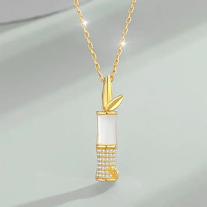Buddha Stones 925 Sterling Silver Hetian White Jade Bamboo Happiness Necklace Pendant