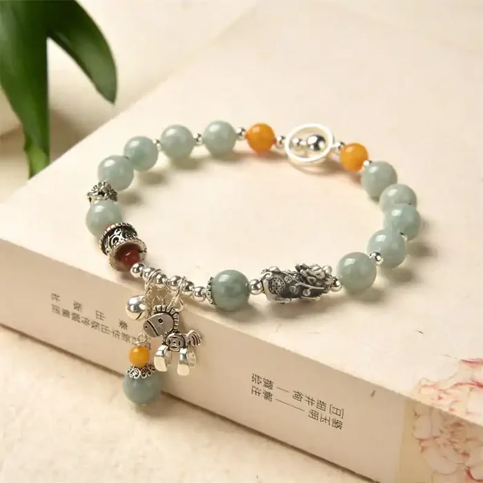 Buddha Stones 925 Sterling Silver Natural Jade Amber PiXiu Pony Success Bracelet