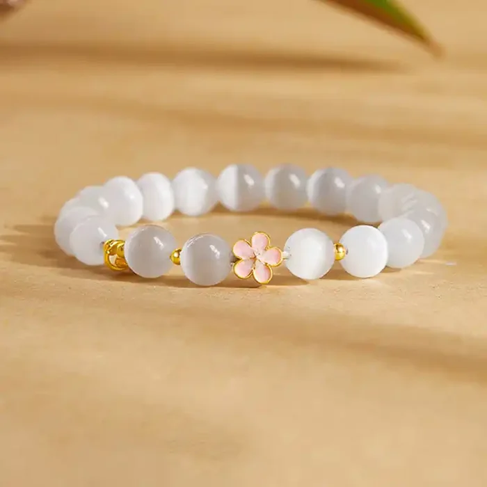 Buddha Stones 925 Sterling Silver Natural Peach Blossom White Cat‘s Eye Positive Bracelet
