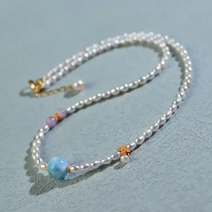 Buddha Stones 925 Sterling Silver Natural Pearl Larimar Sincerity Necklace Pendant