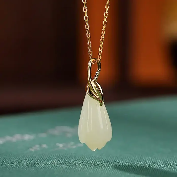 Buddha Stones 925 Sterling Silver Plated Gold Natural Hetian Jade Magnolia Flower Abundance Necklace Pendant