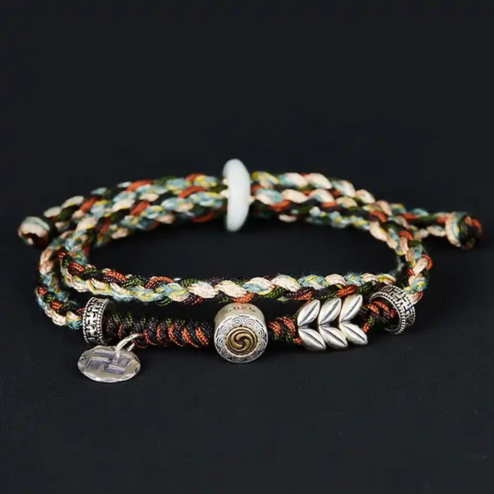 Buddha Stones 925 Sterling Silver Swastika Wheat Pattern Handmade Luck Bracelet