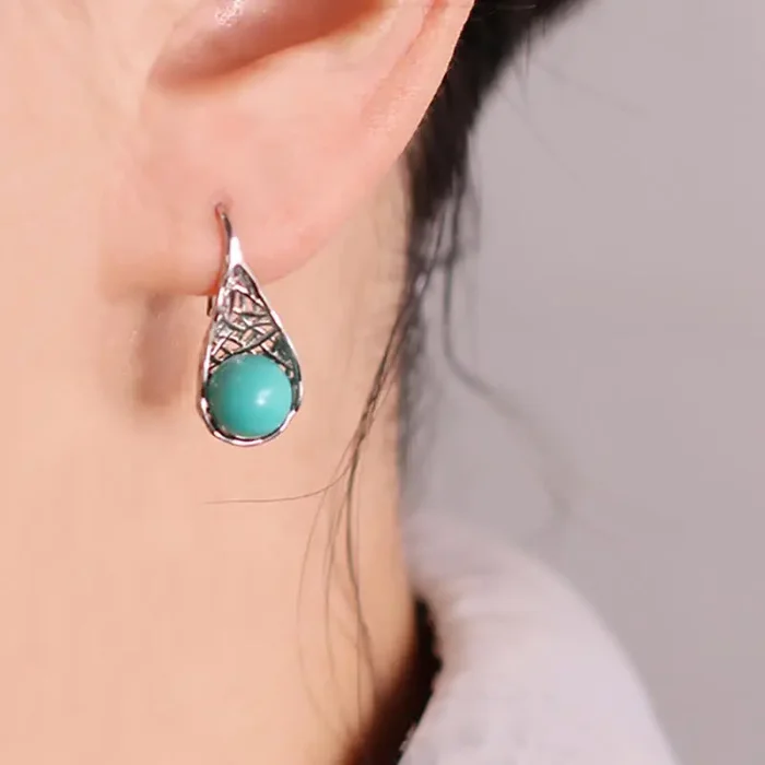 Buddha Stones 925 Sterling Silver Turquoise Beaded Pattern Protection Drop Dangle Earrings