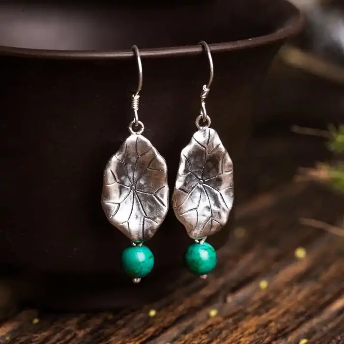 Buddha Stones 925 Sterling Silver Turquoise Lotus Leaf Protection Drop Dangle Earrings