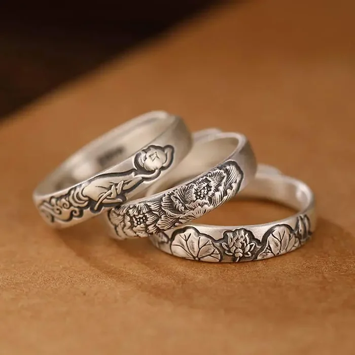 Buddha Stones 999 Sterling Silver Lotus Peony Flower Enlightenment Ring