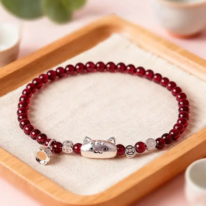 Buddha Stones 999 Sterling Silver Natural Cute Cat Head Garnet Protection Bead Bracelet