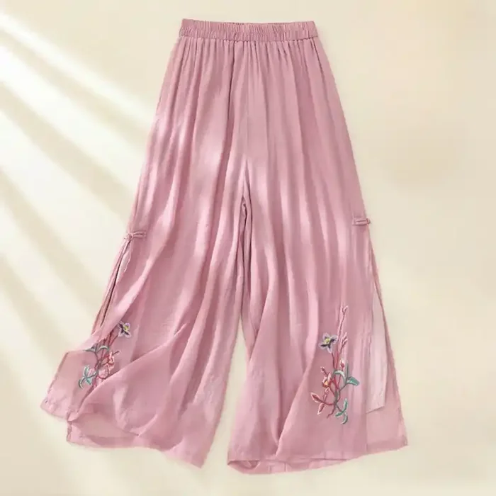 Buddha Stones Artistic Embroidery Flower Double Layer Chinese Frog Button Split Cotton Linen Women‘s Wide Leg Pants