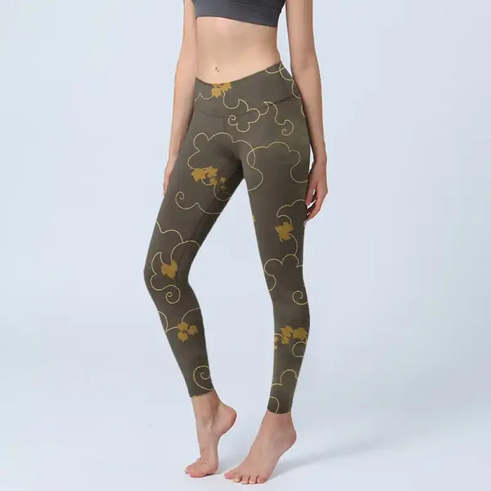 Buddha Stones Auspicious Cloud Maple Leaf Pattern Print Gym Leggings Women‘s Yoga Pants