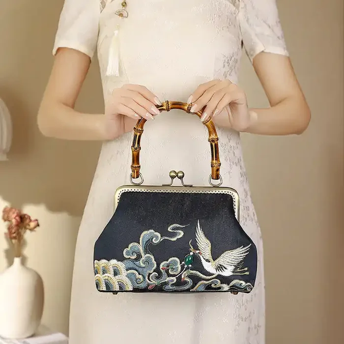 Buddha Stones Auspicious Clouds Cranes Embroidery Bamboo Handle Handbag Crossbody Bag