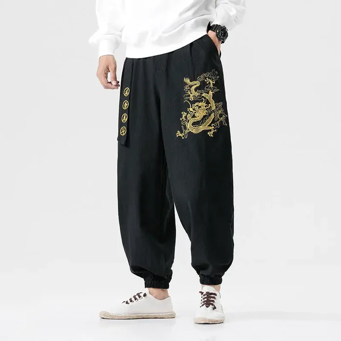 Buddha Stones Auspicious Clouds Dragon Cotton Men‘s Pants With Pockets
