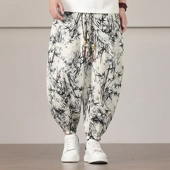 Buddha Stones Bamboo Leaf Pattern Drawstring Men‘s Harem Pants With Pockets