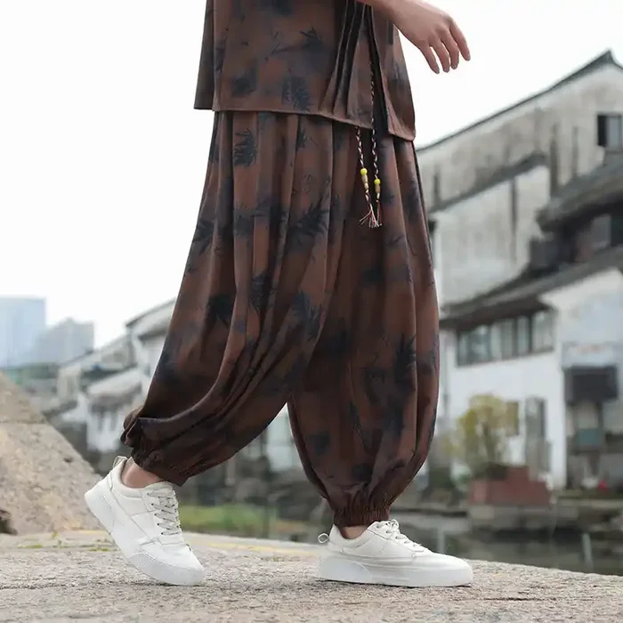 Buddha Stones Bamboo Leaves Pattern Loose Men‘s Harem Pants With Pockets