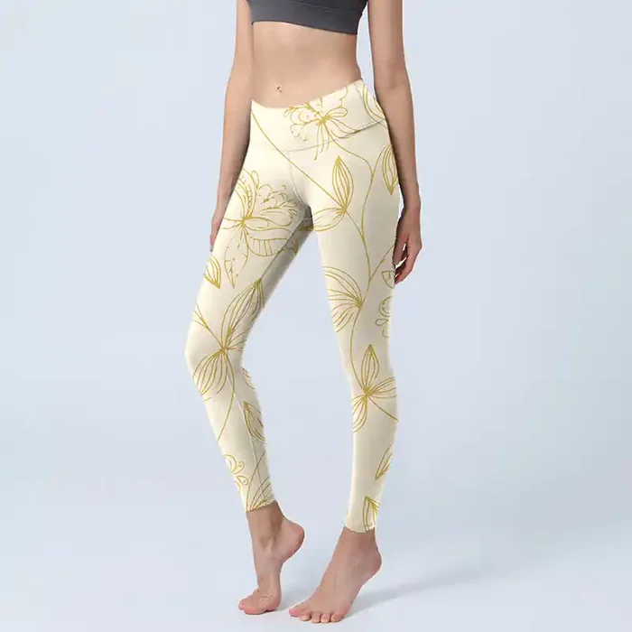 Buddha Stones Beige Flower Vine Print Gym Leggings Women‘s Yoga Pants