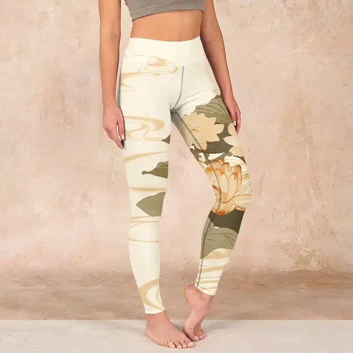 Buddha Stones Beige Lotus Flower Print Gym Fitness Leggings Women‘s Yoga Pants