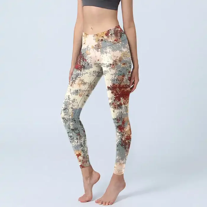 Buddha Stones Beige Red Grey Abstract Design Print Exercise Leggings Women‘s Yoga Pants