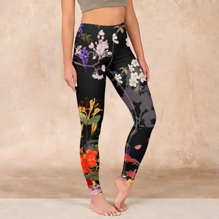 Buddha Stones Black Colorful Flowers Print Gym Leggings Women‘s Yoga Pants