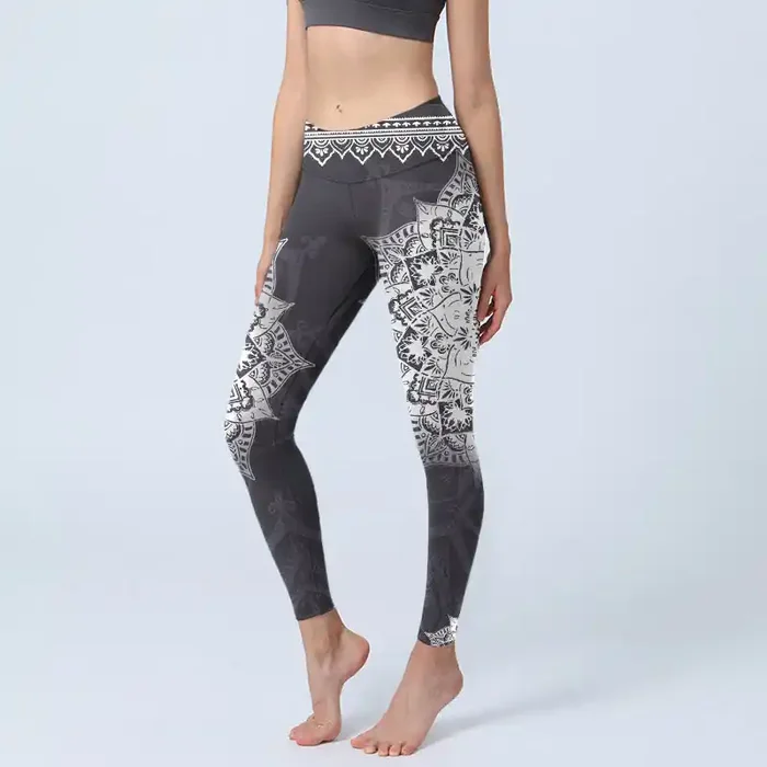 Buddha Stones Black Mandala Flowers Print Exercise Leggings Women‘s Yoga Pants
