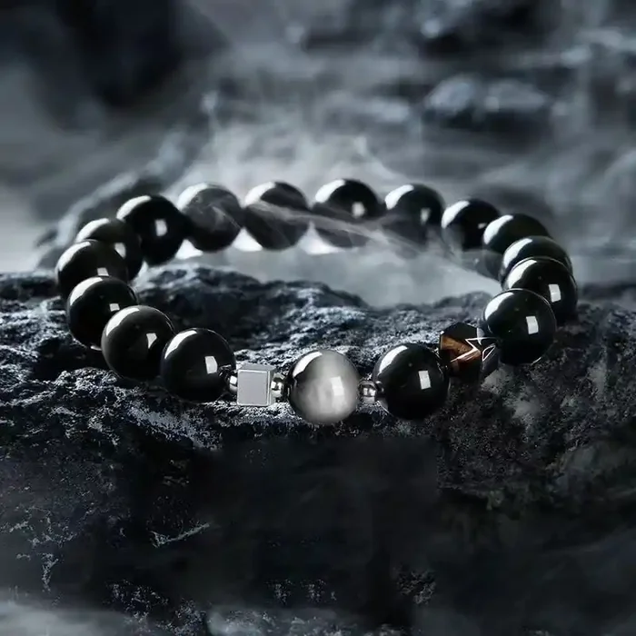 Buddha Stones Black Obsidian Eagle‘s Eye Stone Gold Sheen Obsidian Tiger‘s Eye Strength Bracelet