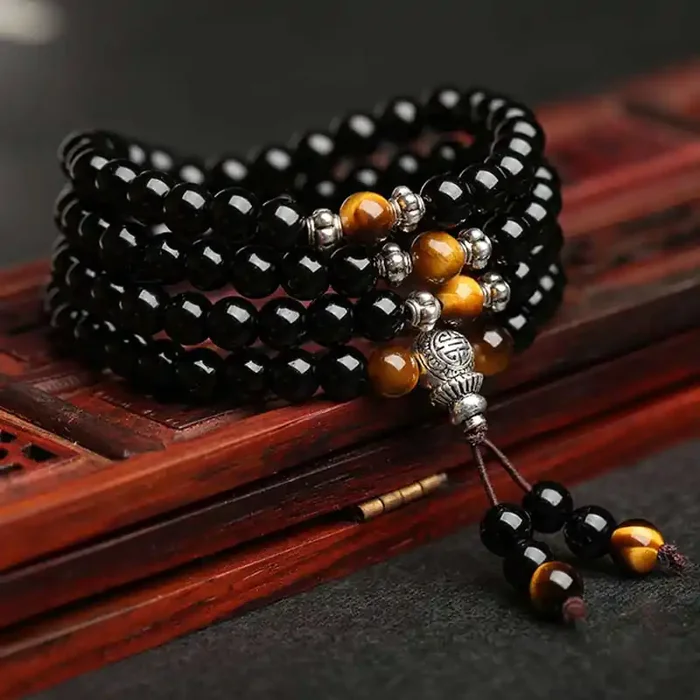 Buddha Stones Black Obsidian Tiger Eye Blessing Mala Bracelet