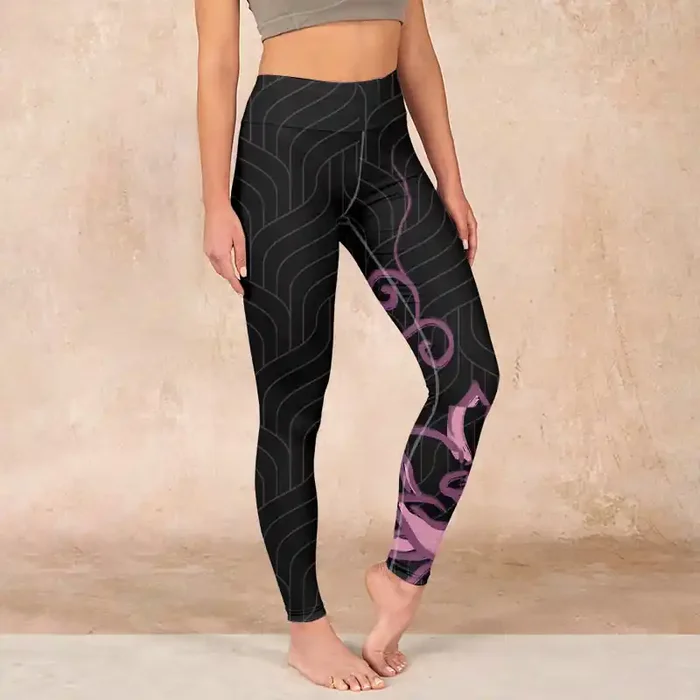 Buddha Stones Black Pink Lotus Flower Print Gym Leggings Women‘s Yoga Pants