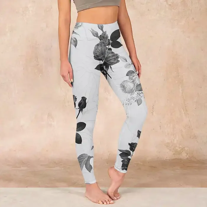 Buddha Stones Black White Rose Gym Leggings Women‘s Yoga Pants