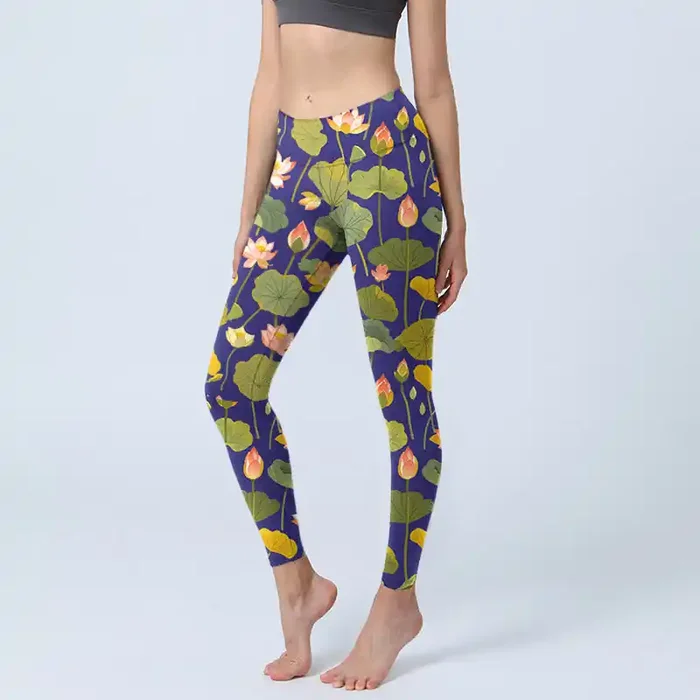 Buddha Stones Blooming Pink White Lotus Flower Lotus Leaves Pattern Print Gym Leggings Women‘s Yoga Pants