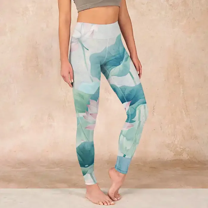 Buddha Stones Blooming White Pink Lotus Leaves Print Gym Leggings Women‘s Yoga Pants