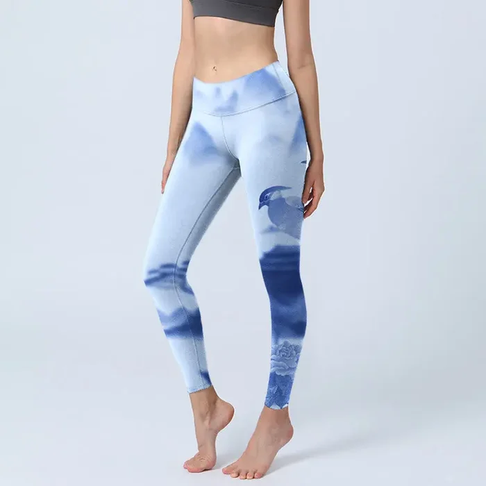 Buddha Stones Blue Bird Peony Print Sports Leggings Women‘s Yoga Pants