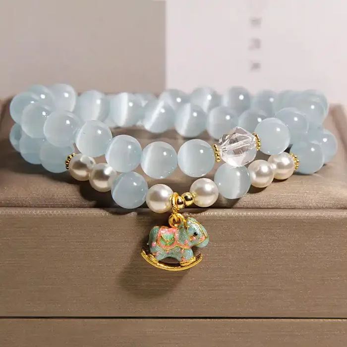 Buddha Stones Blue Cat Eye Trojan Horse Charm Support Double Wrap Bracelet