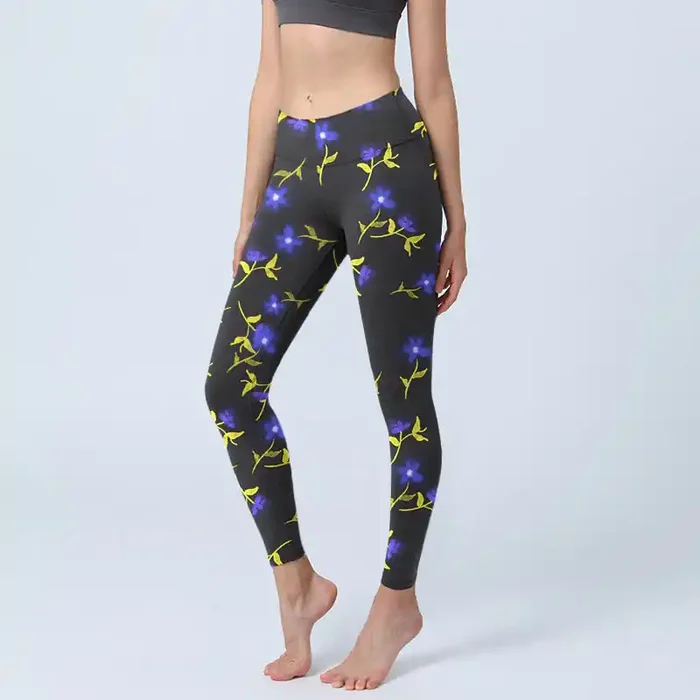 Buddha Stones Blue Flower Leaves Pattern Print Gym Leggings Women‘s Yoga Pants