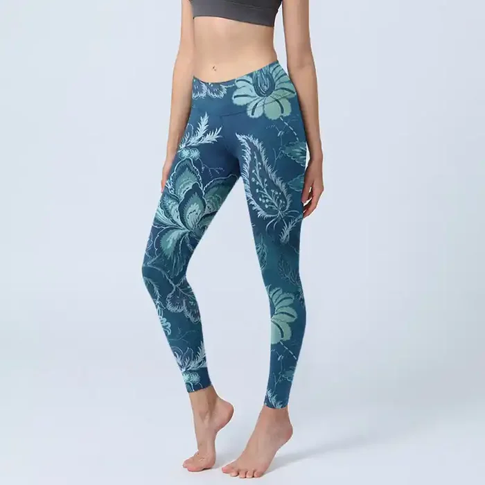 Buddha Stones Blue Flowers Print Sports Fitness Leggings Women‘s Yoga Pants