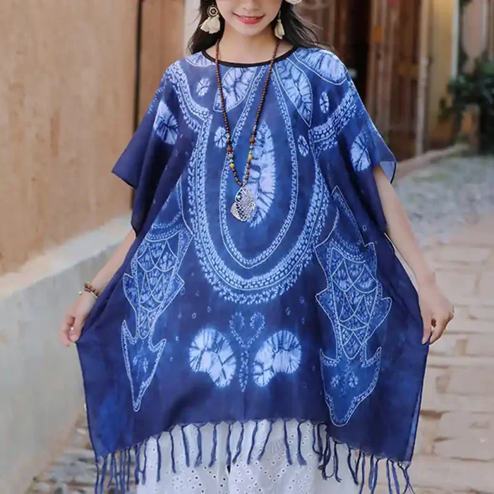 Buddha Stones Blue Geometry Batik Shawl Tassels Cozy Travel Pullover 90*95cm