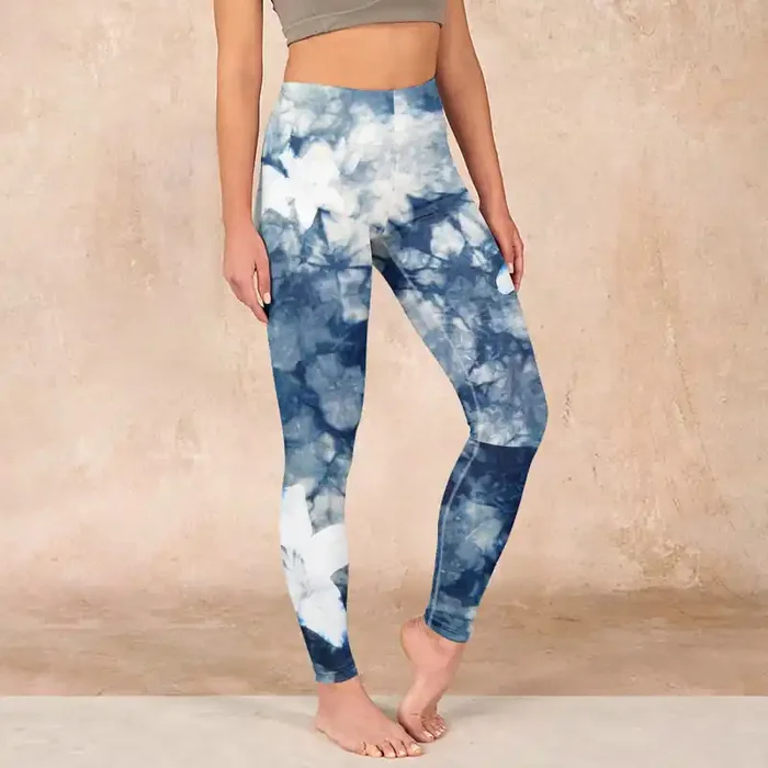 Buddha Stones Blue Lily Flowers Watercolor Texture Print Gym Leggings Women‘s Yoga Pants