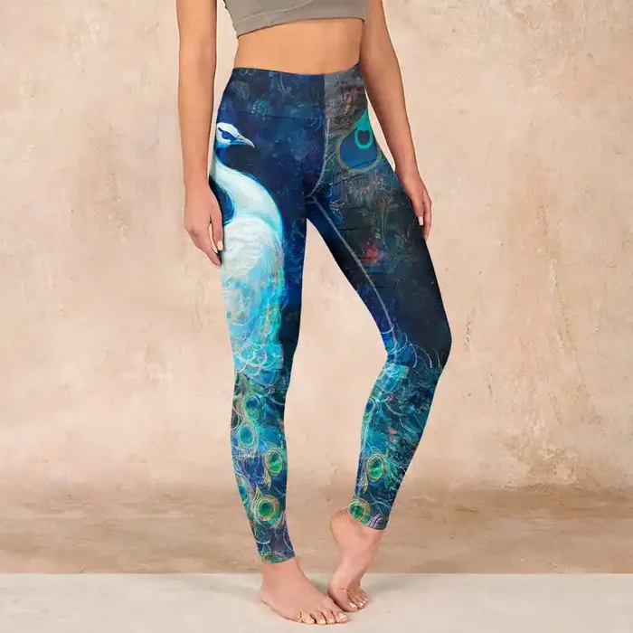 Buddha Stones Blue Peacock Colorful Feathers Print Gym Leggings Women‘s Yoga Pants