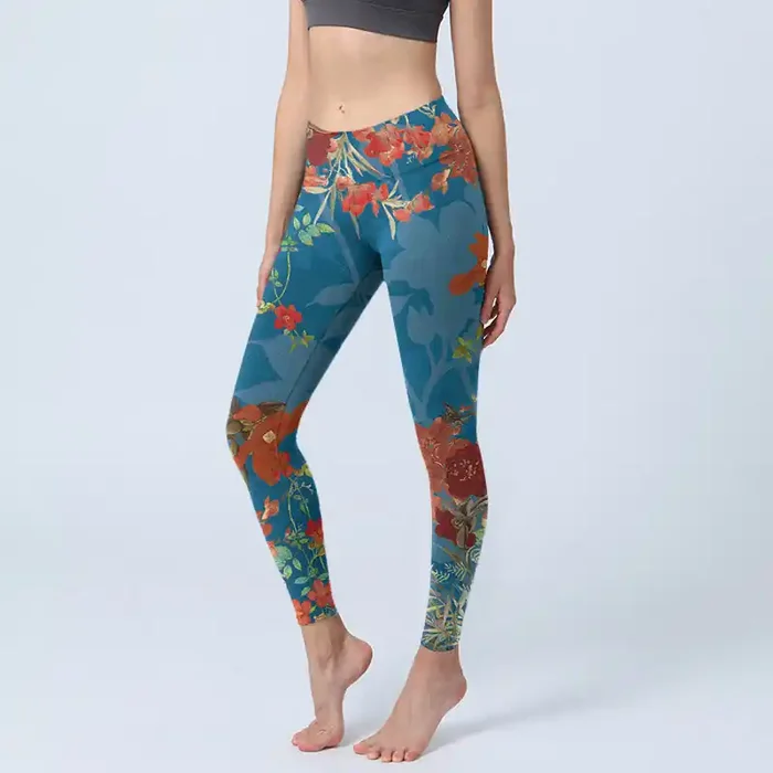 Buddha Stones Blue Red Flowers Birds Print Gym Leggings Women‘s Yoga Pants