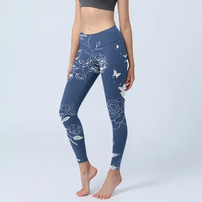 Buddha Stones Blue Rose Butterfly Print Sports Leggings Women‘s Yoga Pants