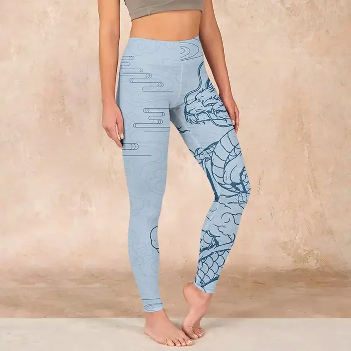 Buddha Stones Blue Soaring Dragon Swirling Clouds Print Gym Leggings Women‘s Yoga Pants