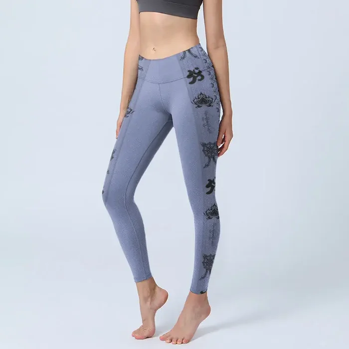 Buddha Stones Blue Stitching Sanskrit Word Om Lotus Pattern Print Gym Leggings Women‘s Yoga Pants