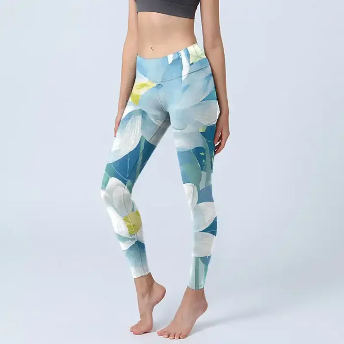 Buddha Stones Blue White Lotus Print Gym Leggings Women‘s Yoga Pants