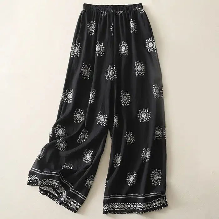 Buddha Stones Bohemian Printing Celestial Pattern Women‘s Wide Leg Cotton Pants With Pockets