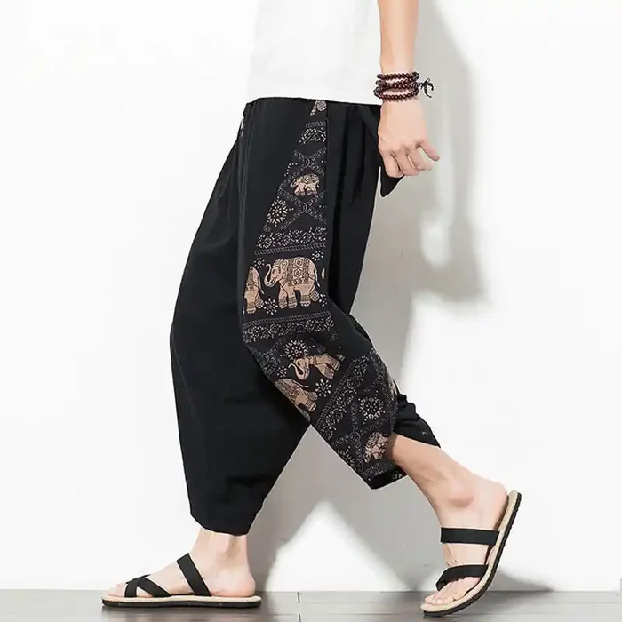 Buddha Stones Brown Elephant Print Cotton Men‘s Cropped Harem Pants With Pockets
