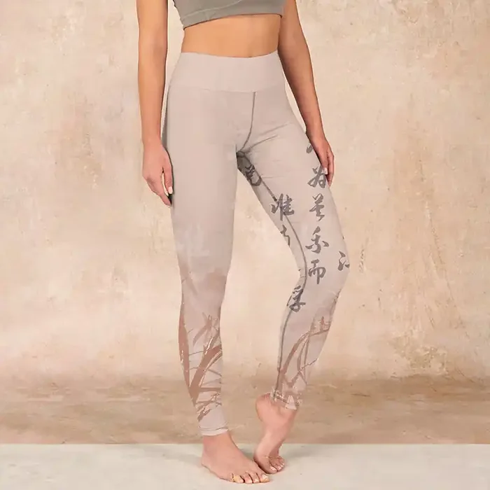 Buddha Stones Calligraphy Orchid Print Gym Leggings Women‘s Yoga Pants