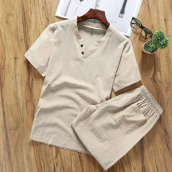 Buddha Stones Casual 2Pcs Plain Sleeve T-Shirt Shorts With Pockets Cotton Linen Men‘s Meditation Cloth Set