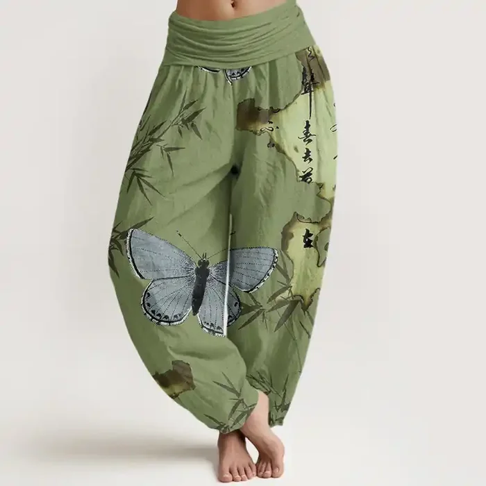 Buddha Stones Casual Butterfly Bamboo Leaf Calligraphy Pattern Women‘s Elastic Waist Harem Pants
