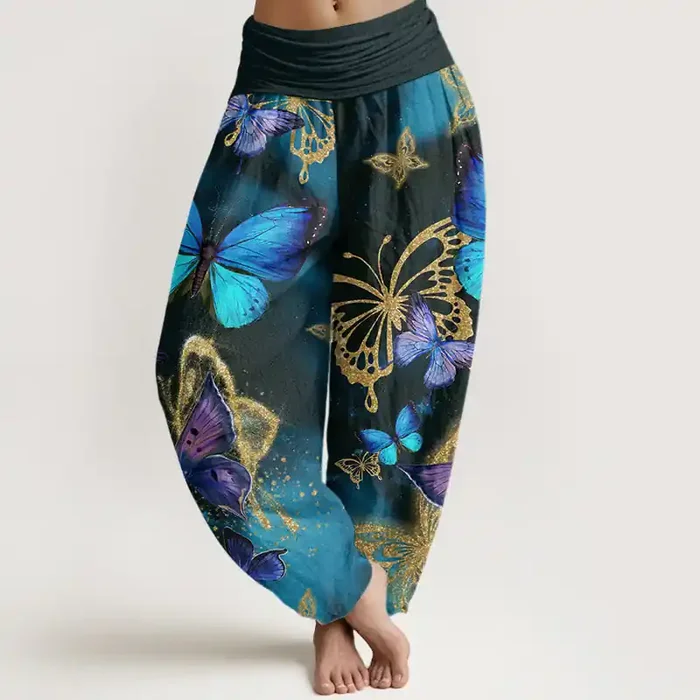 Buddha Stones Casual Butterfly Gold Pattern Women‘s Elastic Waist Harem Pants