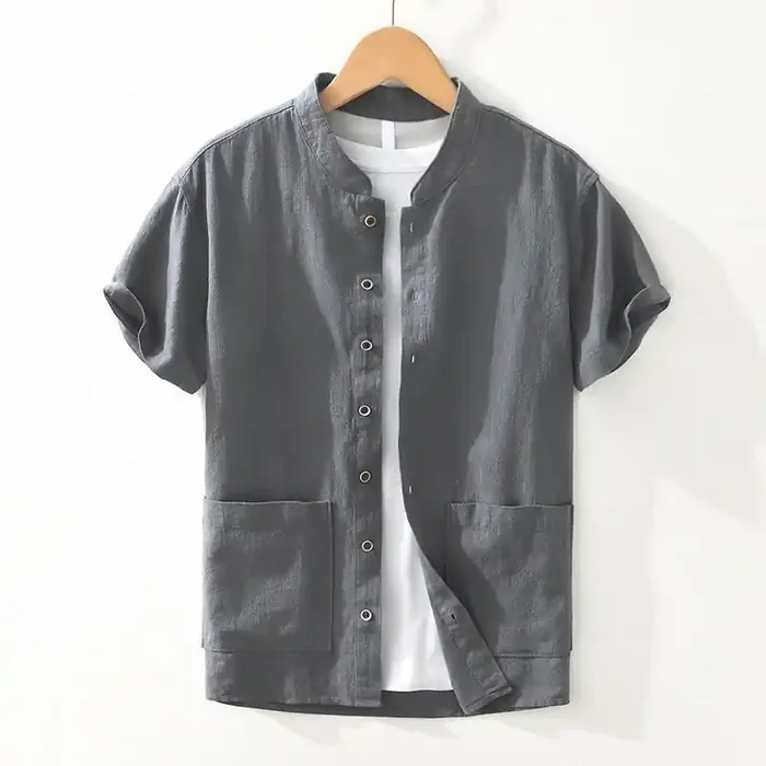 Buddha Stones Casual Buttons Design Stand Collar Men‘s Short Sleeve Cotton Linen Shirt With Pockets