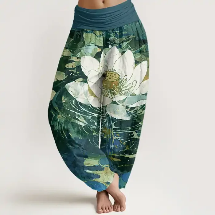 Buddha Stones Casual Charming Lotus Flower Pattern Women‘s Elastic Waist Harem Pants