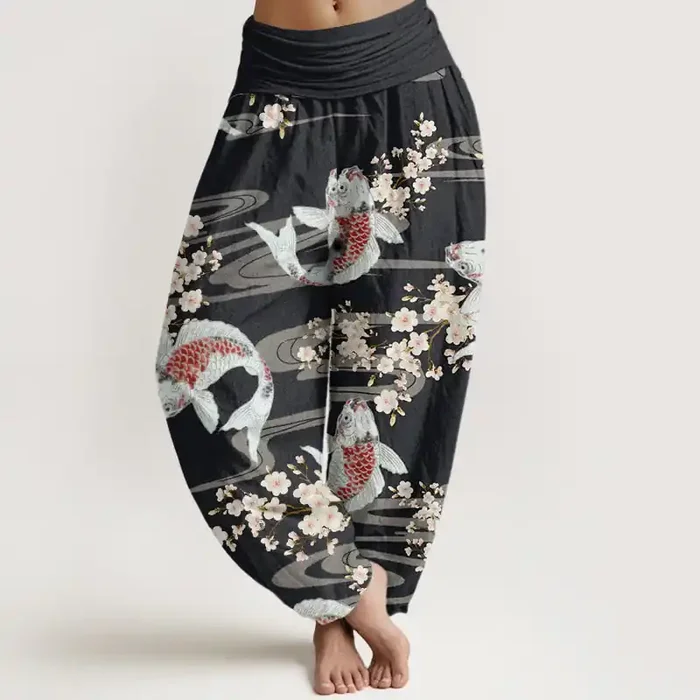 Buddha Stones Casual Cherry Blossoms Koi Fish Pattern Women‘s Elastic Waist Harem Pants